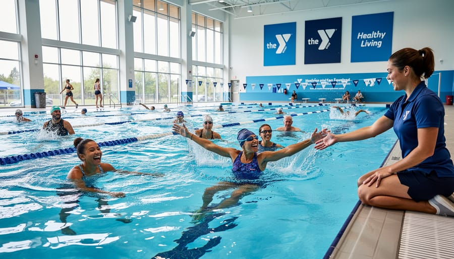 Swimmer practicing laps in the YMCA aquatics pool with water reflections
