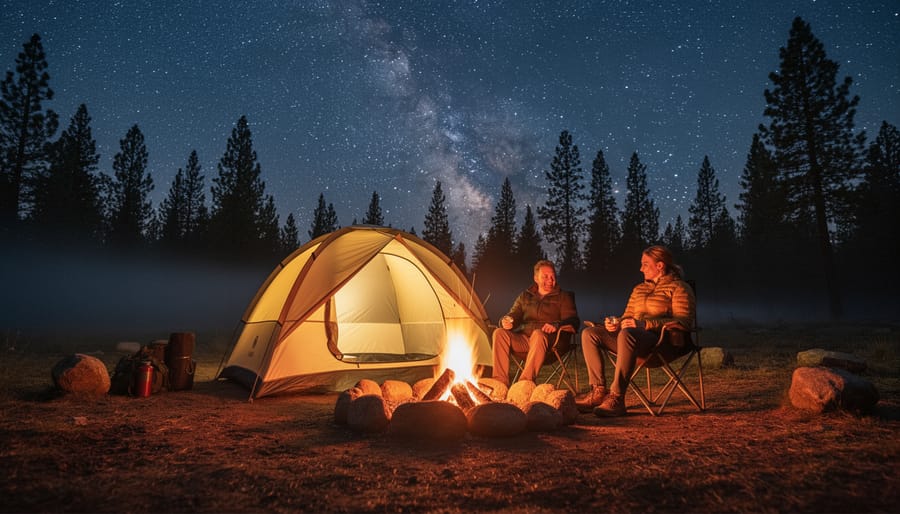 Tent camping site with lantern light under a starry night sky