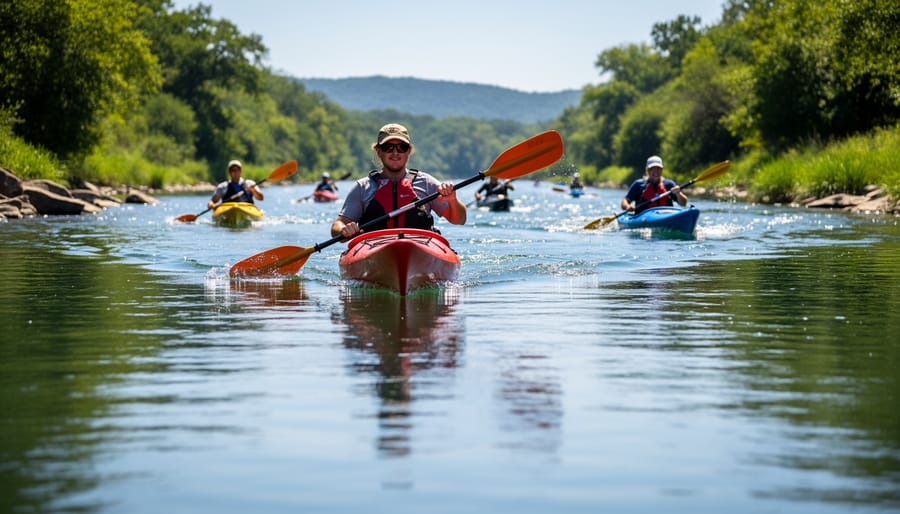 Two kayaks paddling on the Arkansas River with ripples on the water