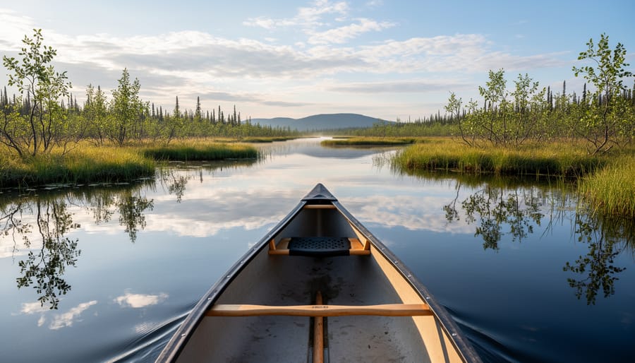 Canoe floating through calm Peace-Athabasca Delta waters near reed-lined shores