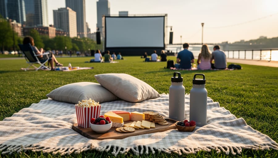Blanket on grass with snacks and flashlight during an outdoor movie near downtown and the riverfront