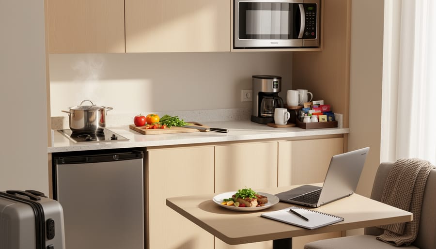 Hotel suite kitchenette with coffee maker, dishes, and grocery bags