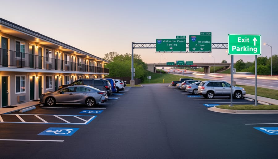 SUV parked at a hotel near an interstate exit with highway activity in the background