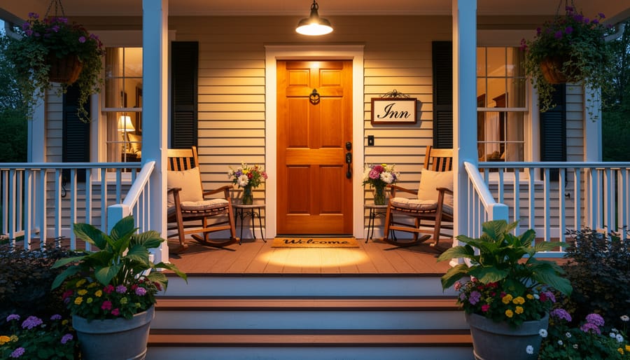 Warmly lit porch at a local inn with a host welcoming guests