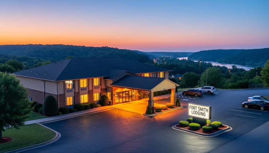 Dusk scene showing lodging ambience transitioning toward outdoor paths and trees in Fort Smith