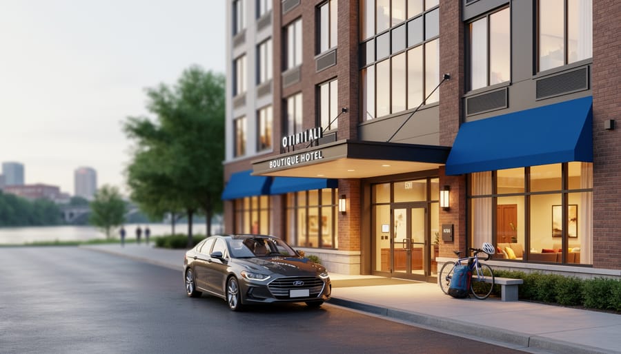 Warmly lit Fort Smith hotel exterior by a riverfront walkway with a parked car and outdoor gear, indicating convenient lodging for travelers.