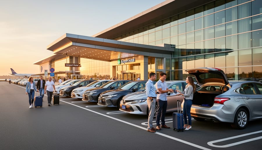 Rental car parked in front of a hotel with an airport terminal visible in the distance