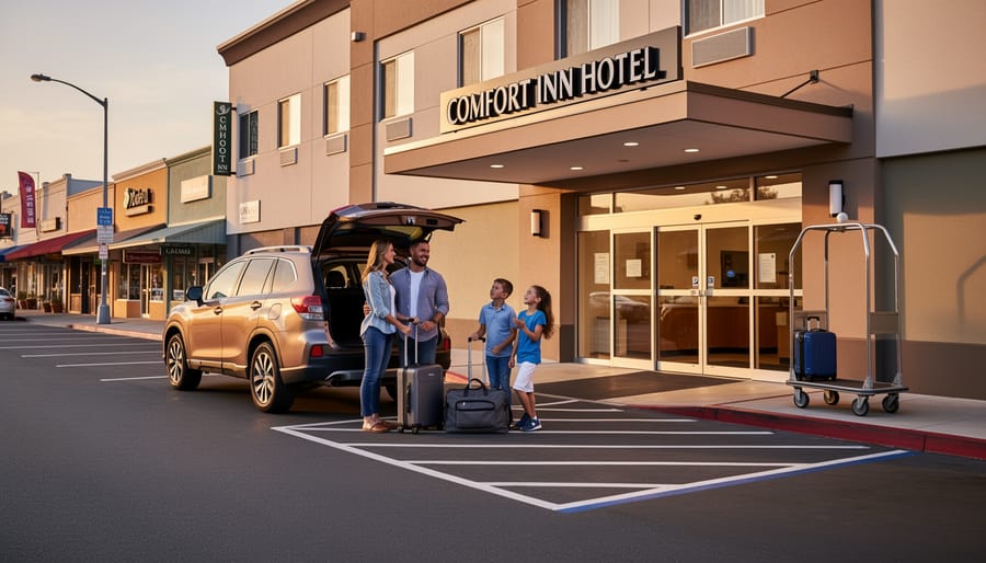 Family unloading luggage at a hotel entrance with a parking area in the Rogers Avenue corridor