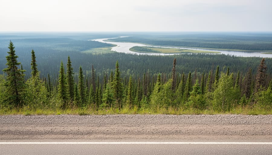 Wide road view into boreal wilderness of Wood Buffalo National Park from the Fort Smith gateway area, with a distant river and treeline.