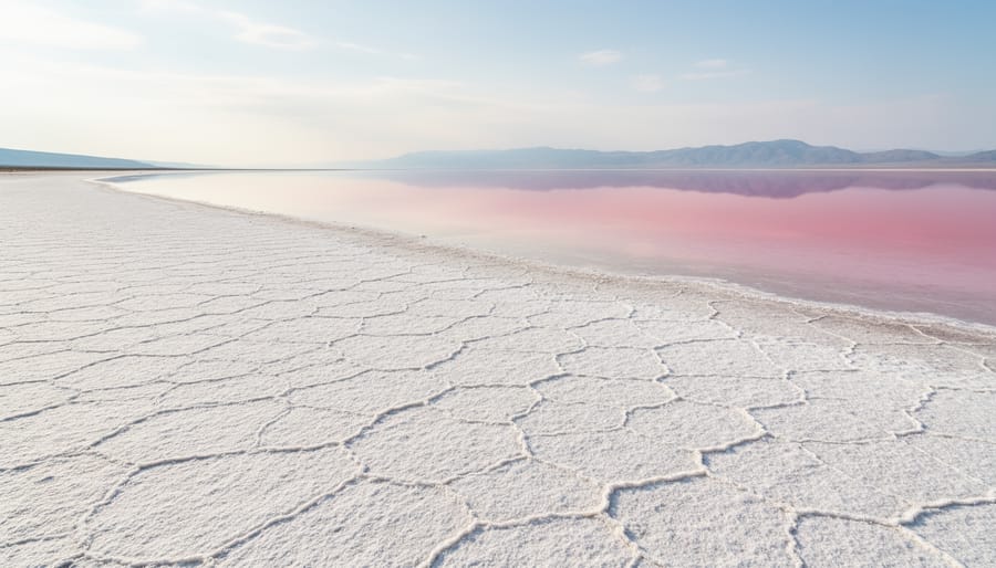 Visitor at Great Salt Lake State Park overlook looking toward pink lake water on the horizon