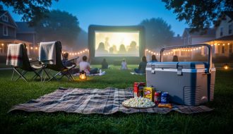 Family picnic setup on a park blanket with camp chairs in the foreground and an inflatable outdoor movie screen glowing in the background at dusk.