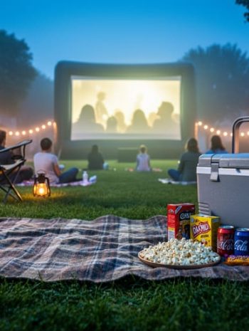Family picnic setup on a park blanket with camp chairs in the foreground and an inflatable outdoor movie screen glowing in the background at dusk.