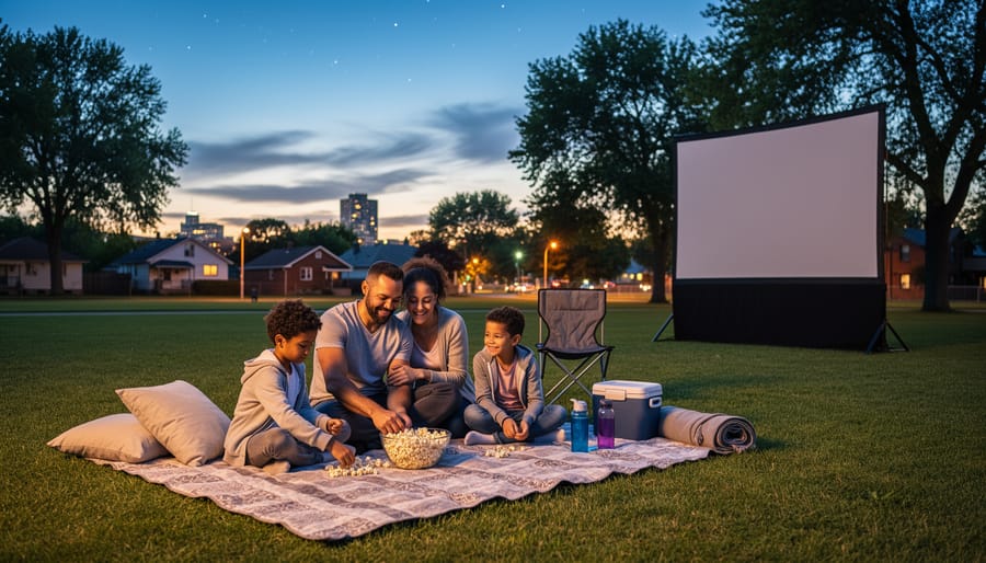 Family sitting on blankets in a North Minneapolis park at dusk with an inflatable movie screen in the background