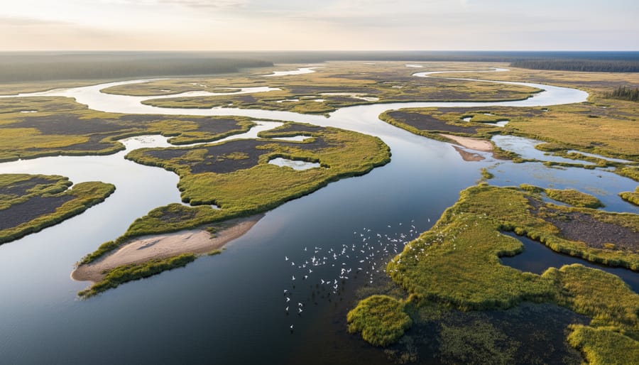 Peace-Athabasca Delta wetlands with water channels and waterfowl