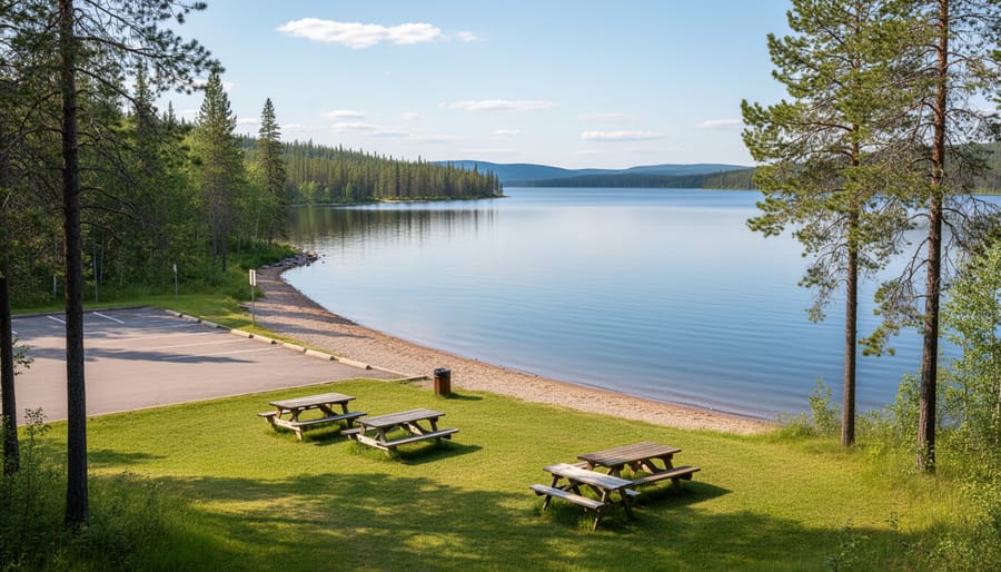 Picnic tables near the shore at Pine Lake Recreation Area with visitors by the water