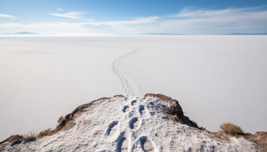 View from above over the Salt Plains with a trail descending into the salt flats