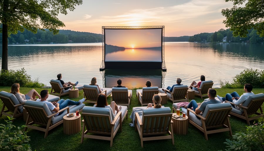 People watching a movie in the park near a lake with an inflatable screen glowing and water reflections in the background