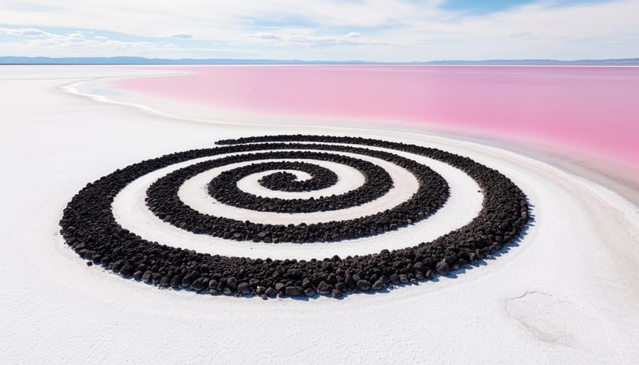 Spiral Jetty and nearby salt flats with rose-pink colored water in Utah’s Great Salt Lake region