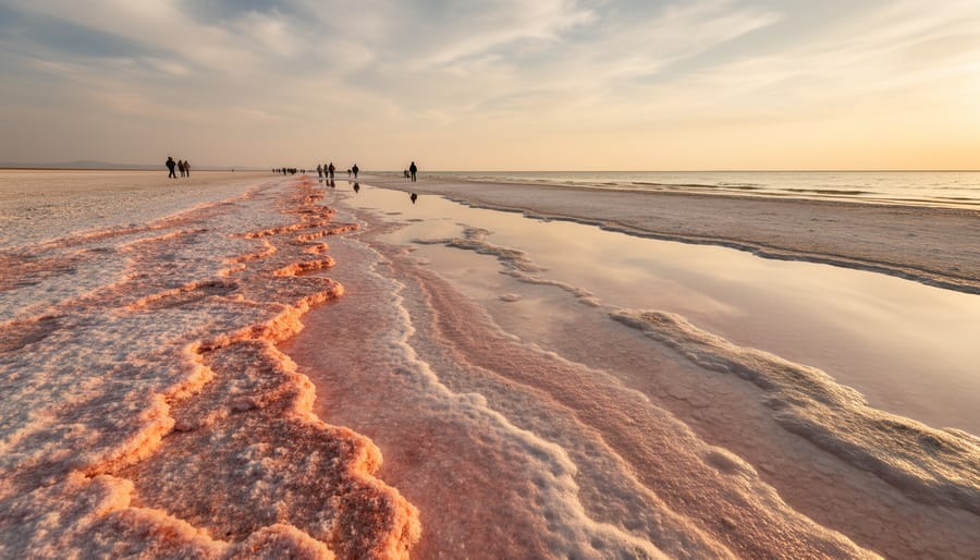 Visitors walking near Stansbury Island’s pink lake shoreline with vivid pink water in the background