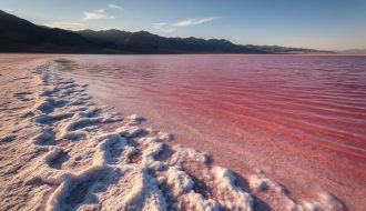 Bubblegum-pink shallow water and salt crust along a remote Great Salt Lake shoreline at golden hour with desert mountains in the distance.