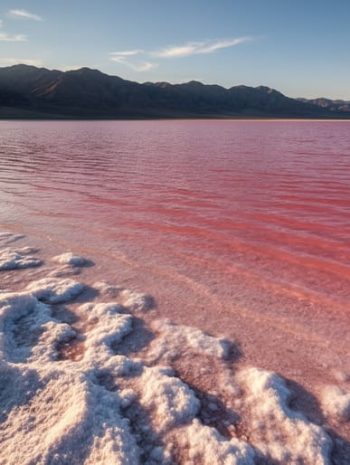 Bubblegum-pink shallow water and salt crust along a remote Great Salt Lake shoreline at golden hour with desert mountains in the distance.