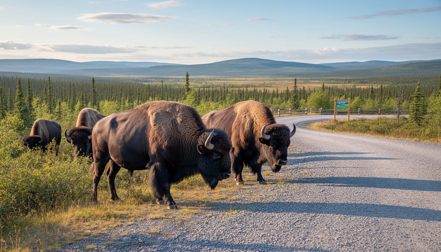 Wood bison standing beside the road in Wood Buffalo National Park