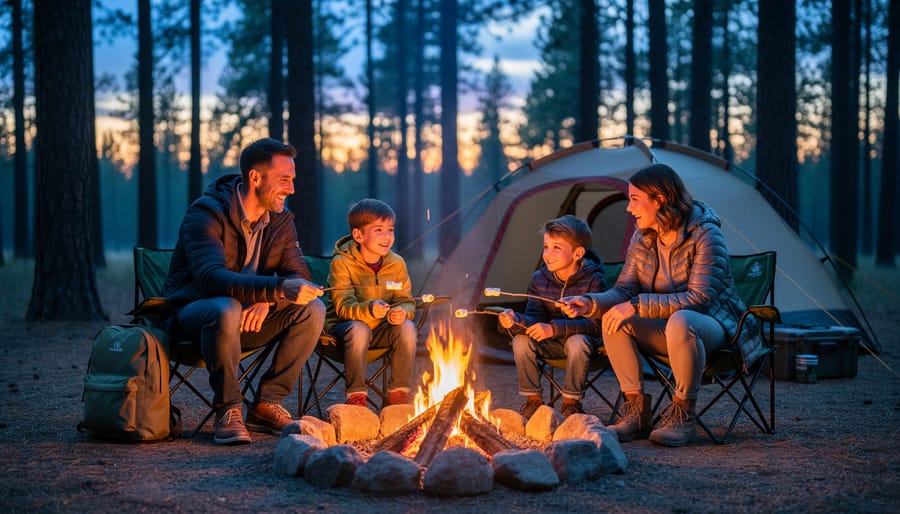 Family camping by a campfire at dusk with a phone face-down on a log while others roast marshmallows