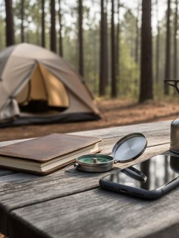 “A smartphone placed face-down on a wooden camping table next to outdoor gear in a forest campsite with a tent in the background.”
