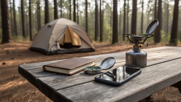“A smartphone placed face-down on a wooden camping table next to outdoor gear in a forest campsite with a tent in the background.”