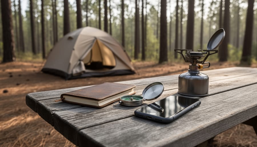 “A smartphone placed face-down on a wooden camping table next to outdoor gear in a forest campsite with a tent in the background.”