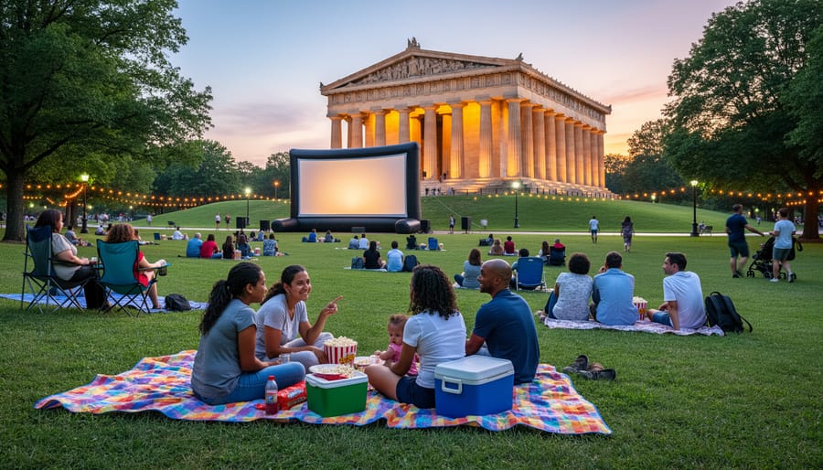 Families watching an outdoor movie on blankets at Centennial Park near the Parthenon.