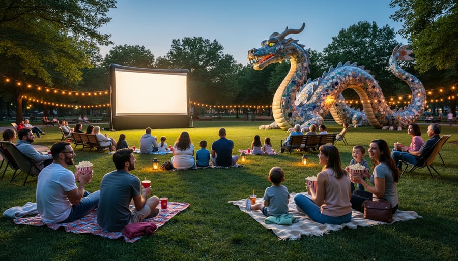 Viewers seated on lawn chairs watching an outdoor movie at Fannie Mae Dees Park with the mosaic dragon landmark in the background.