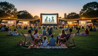 People picnicking on a park lawn at dusk facing a glowing outdoor movie screen in the distance, with string lights and food truck lights nearby.