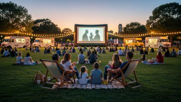 People picnicking on a park lawn at dusk facing a glowing outdoor movie screen in the distance, with string lights and food truck lights nearby.