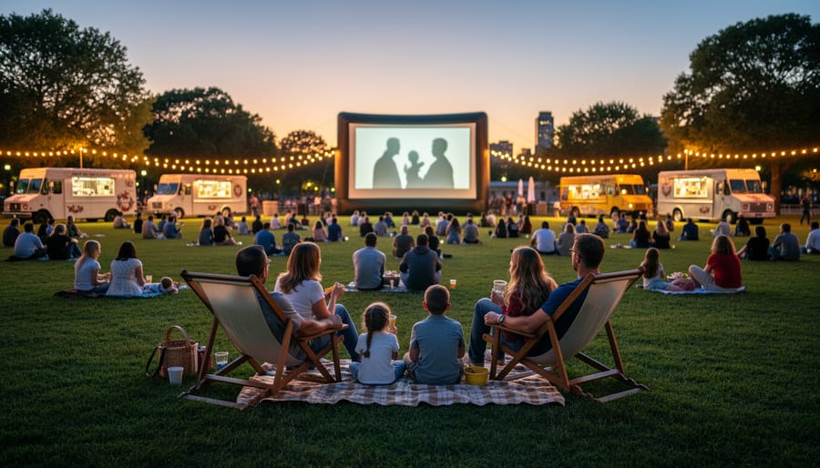 People picnicking on a park lawn at dusk facing a glowing outdoor movie screen in the distance, with string lights and food truck lights nearby.