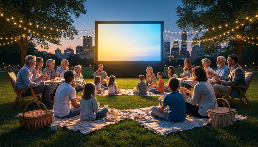 Close view of a person holding a flashlight as they settle in for an outdoor movie.