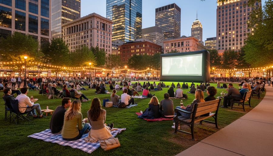 People watching an outdoor movie in downtown at Public Square Park with downtown buildings in the background.