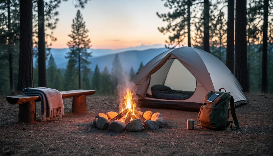 Closed laptop on a picnic table at a quiet campsite with camping gear and a lantern in view