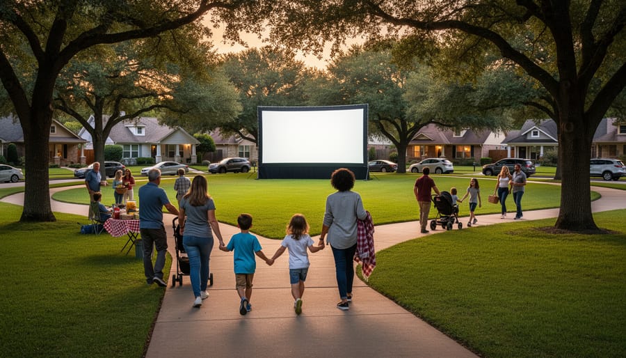 Families carrying blankets and snacks walking toward an outdoor movie setup at Sevier Park.
