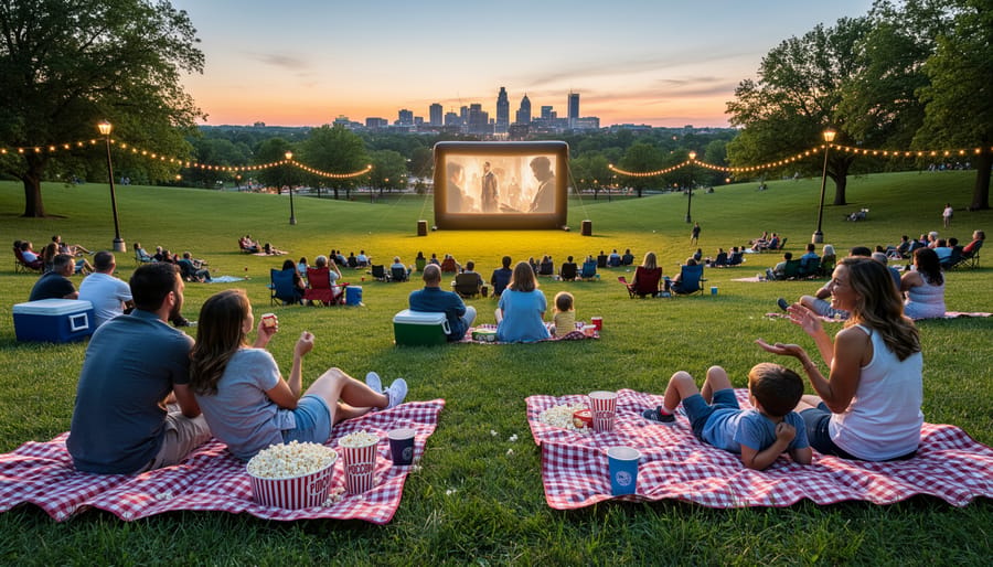 People sitting on picnic blankets on the lawn at Shelby Park during an outdoor movie night.