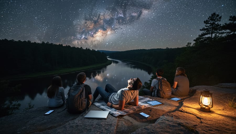 Two campers under a moonlit sky with one putting a phone away while both look toward the stars