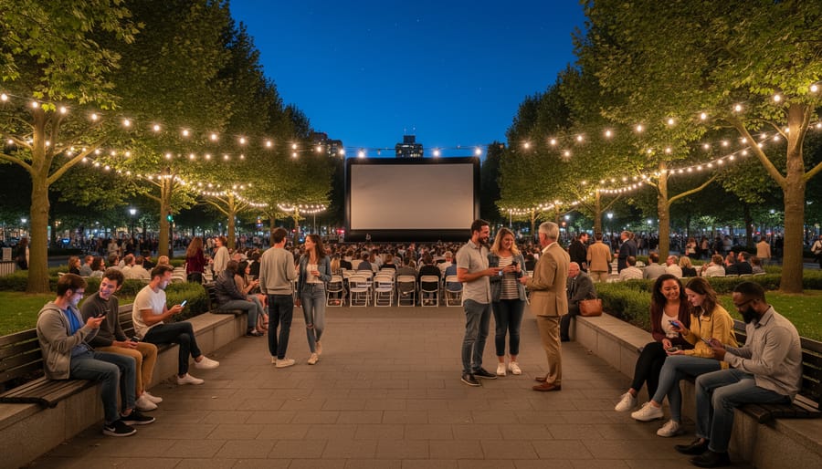 Audience members relaxing and chatting on folding chairs in a park after an outdoor movie
