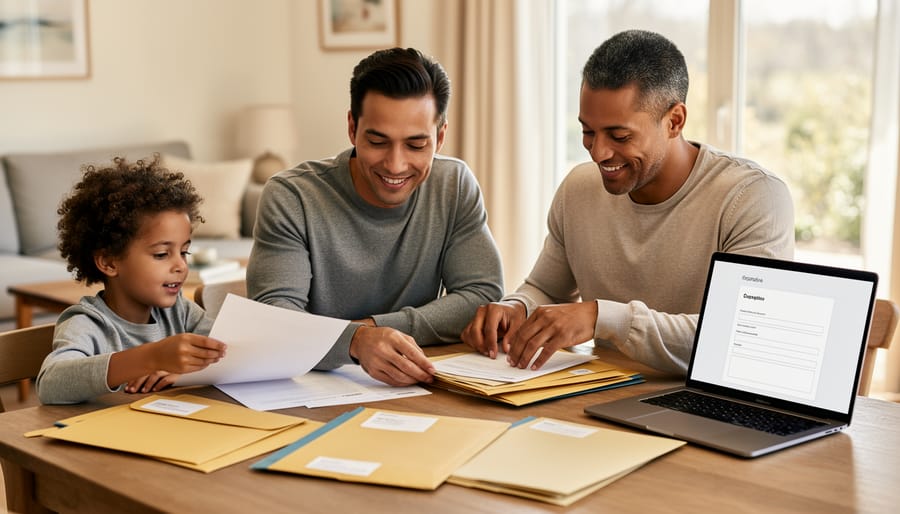 A family sits at a kitchen table with documents and a smartphone while one adult writes, showing preparation for housing paperwork.