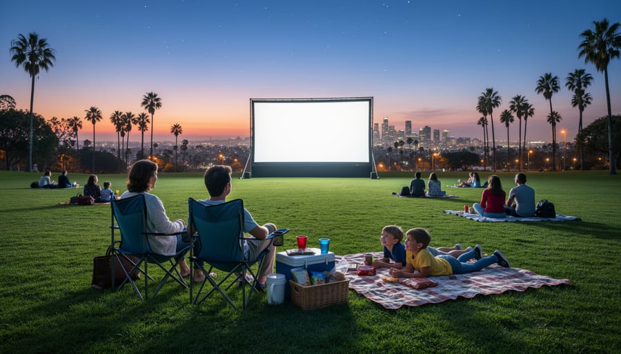 Family picnic with blankets and folding chairs watching an outdoor movie screen at dusk in a San Diego park