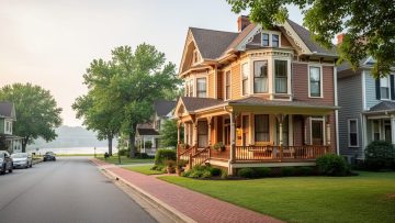 Historic Victorian-style home on a Fort Smith street with trees and a distant view of the Arkansas River.
