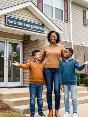 A diverse family stands outside a well-kept affordable housing apartment building entrance in Fort Smith, illustrating assistance in finding safe, affordable homes.