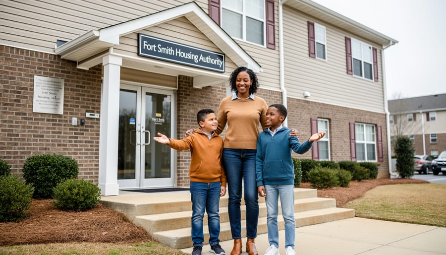 A diverse family stands outside a well-kept affordable housing apartment building entrance in Fort Smith, illustrating assistance in finding safe, affordable homes.