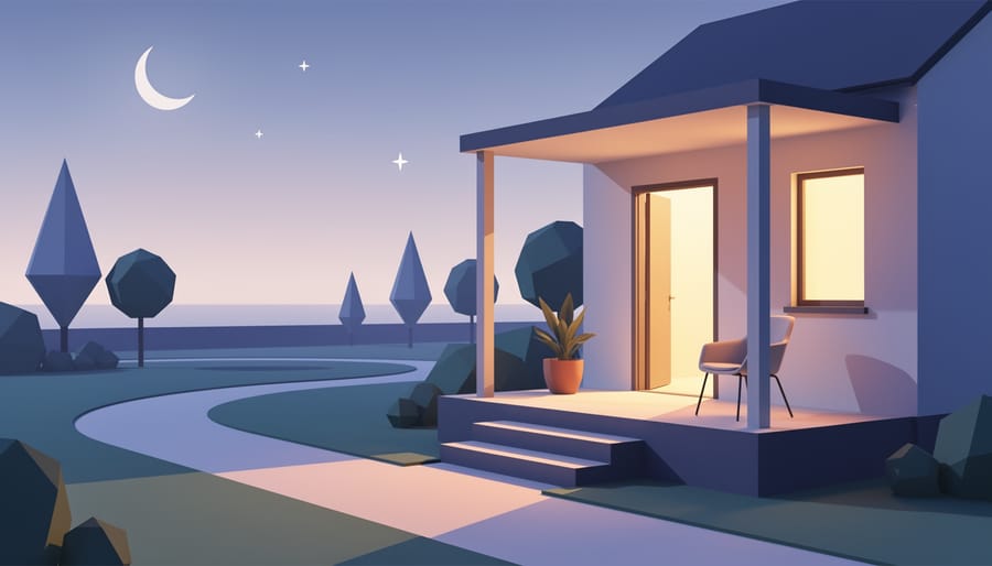 Warmly lit front porch at dusk with a view toward nearby trees and a trail