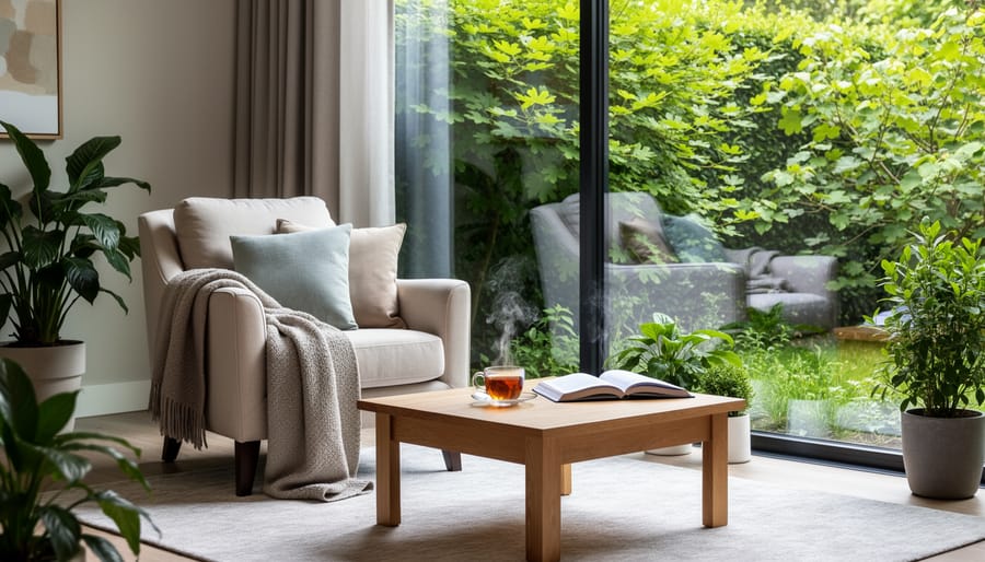Garden Room reading nook with wicker chair, floral centerpiece, and greenery visible through the window.