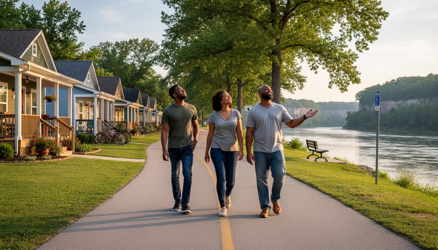 An individual relaxes outdoors along a river trail or park bench with trees and a walking path in the background.